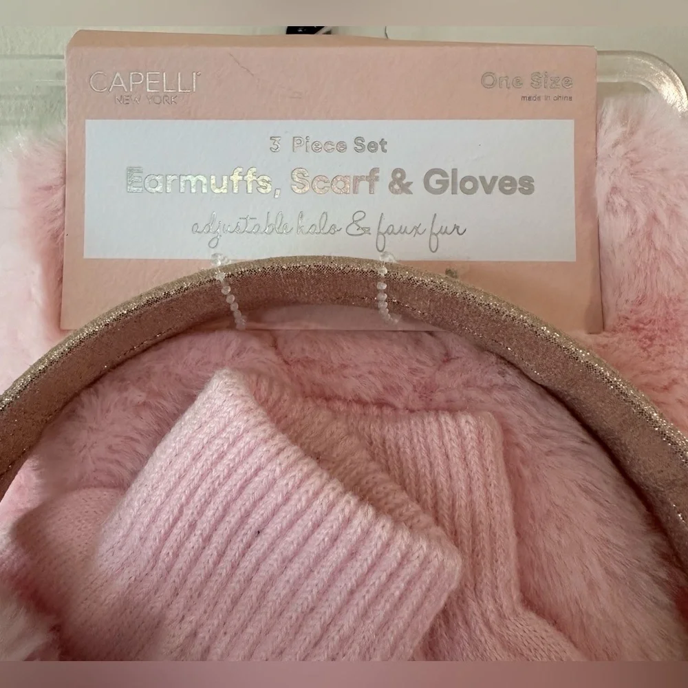 Capelli of New York Girls Pink 3 Piece Set Earmuffs/Scarf/Gloves NWT One…